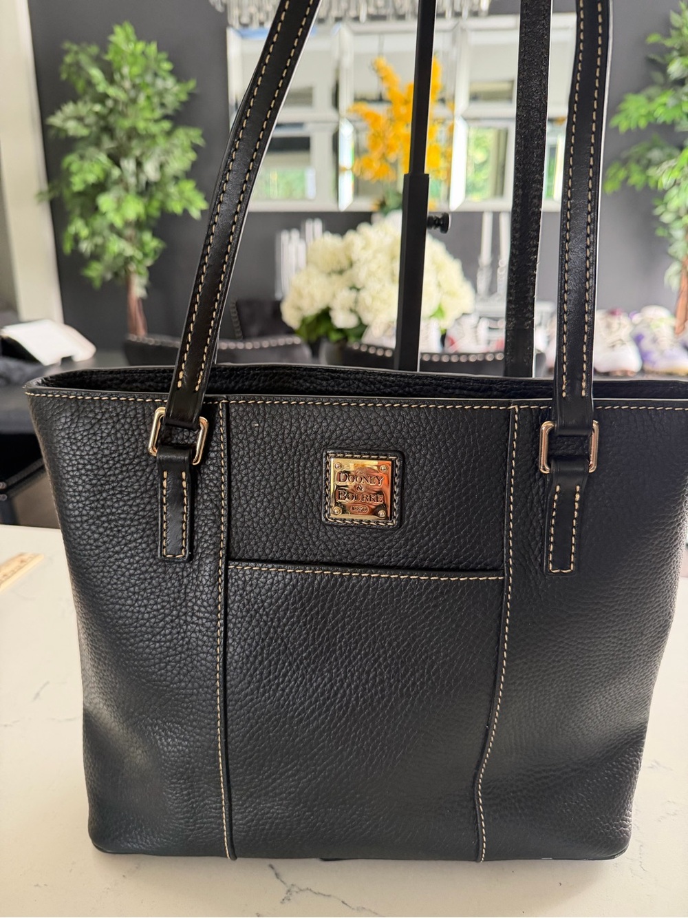 Dooney & Bourke Black Pebble Leather Tote with Gold Plaque